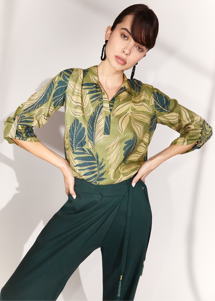 Blanco Blouse with Leaf Print VERDE Woman , image number 1