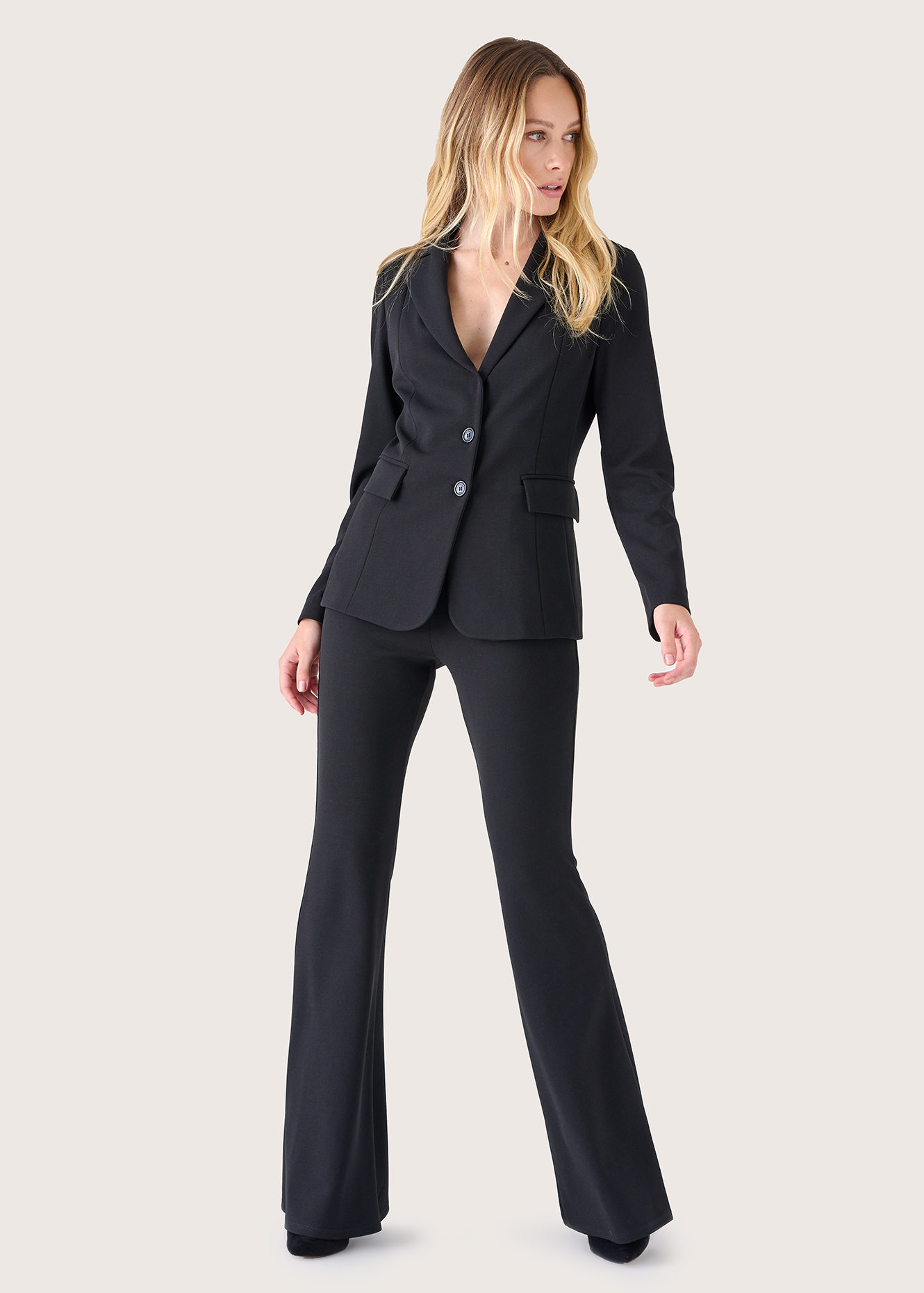 Black Bell Bottom Pants Suit Set With Blazer, Puffed Sleeve Blazer